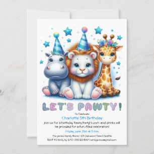 Safari Birthday Glitter Blue Rhino, Lejon, Giraffe Inbjudningar