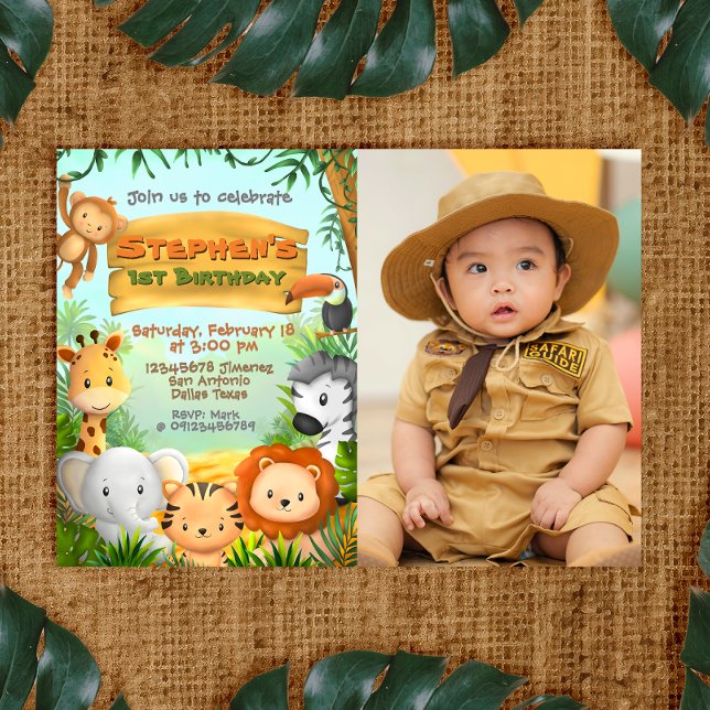Safari Birthday med Photo Inbjudningar (Safari Birthday Landscape Invitation with Picture)