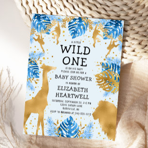 Safari Blue Gold Pojke Baby Shower Inbjudan