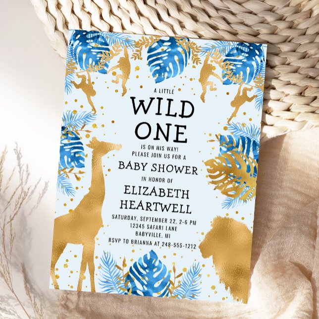 Safari Blue Guld Boy Baby Shower-inbjudan Vykort (Skapare uppladdad)