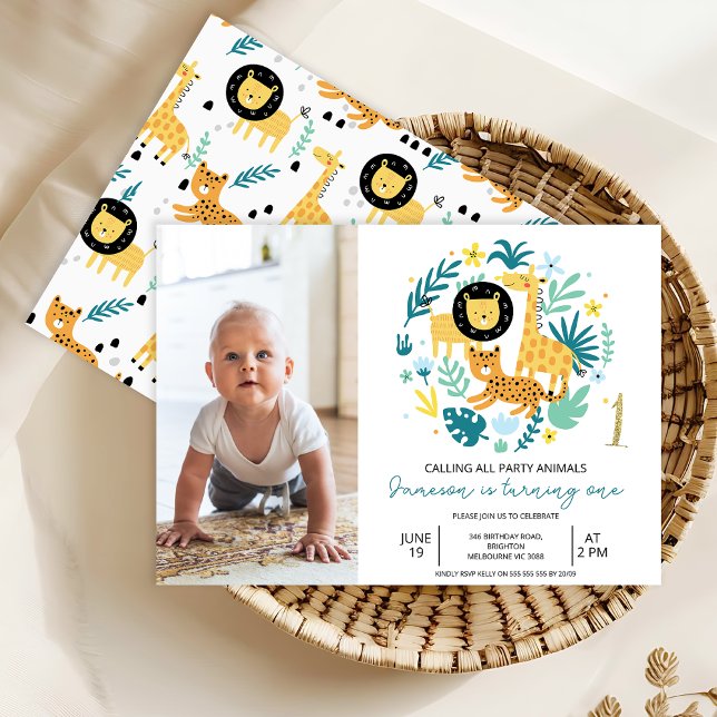 Safari Blue som ringer alla Party-djur 1:a födelse Inbjudningar (Calling All Party Animals Safari 1st Birthday Invitation Baby Boy,
Photo Safari Wild One Birthday)
