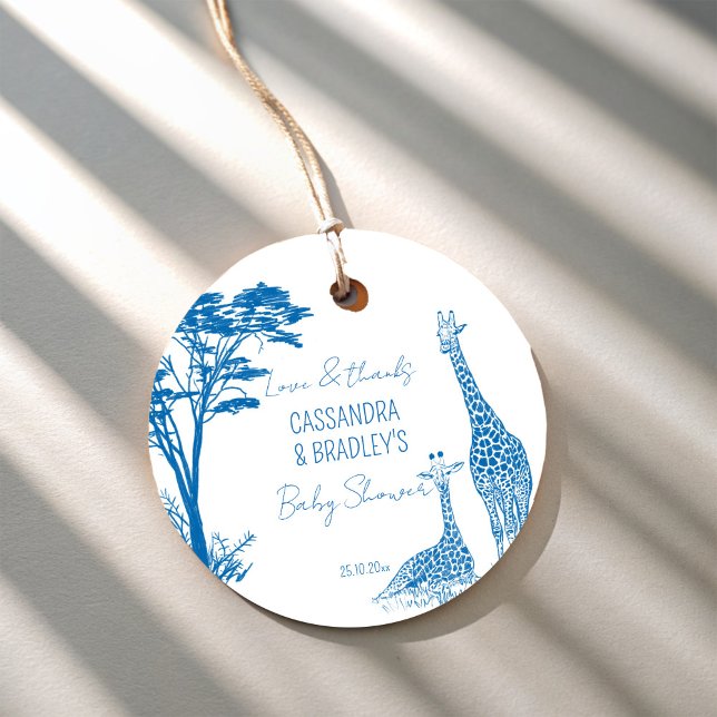 Safari Blue toile giraffe babydusch Gåvor Etiketter (Safari blue toile de jouy giraffe African animals baby shower favor tags personalized printed tags)