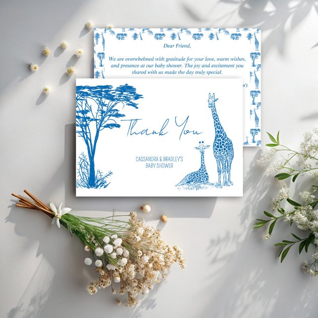 Safari Blue toile giraffe babydusch Tack Kort (Safari blue toile de jouy giraffe cute African animals baby shower thank you cards)