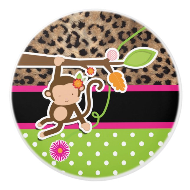 Safari Chic Monkey Leopard Cheetah Rosa & Grönt Knopp (Framsidan)