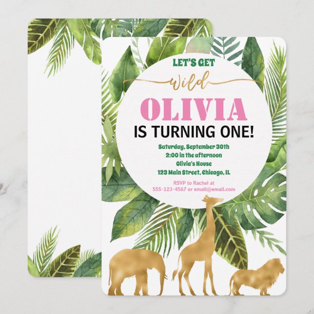 Safari djungel 1:a födelsedag flicka 1 vild inbjudningar (Fram/baksida)