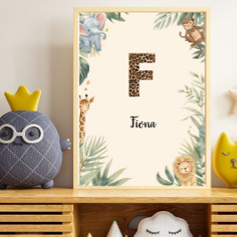Safari Djungel Personlig Namn Monogram F Barnkamma Poster