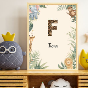 Safari Djungel Personlig Namn Monogram F Barnkamma Poster