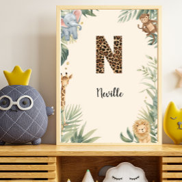 Safari Djungel Personligt Namn Monogram N Barnkamm Poster