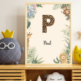 Safari Djungel Personligt Namn Monogram P Barnkamm Poster