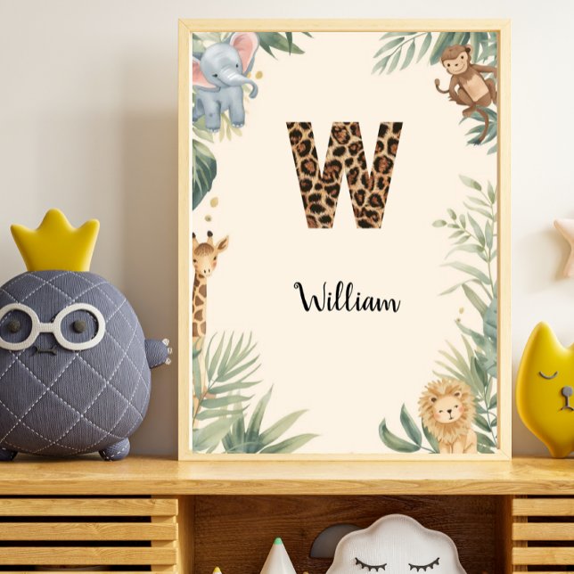 Safari Djungel Personligt Namn Monogram W Barnkamm Poster (Skapare uppladdad)