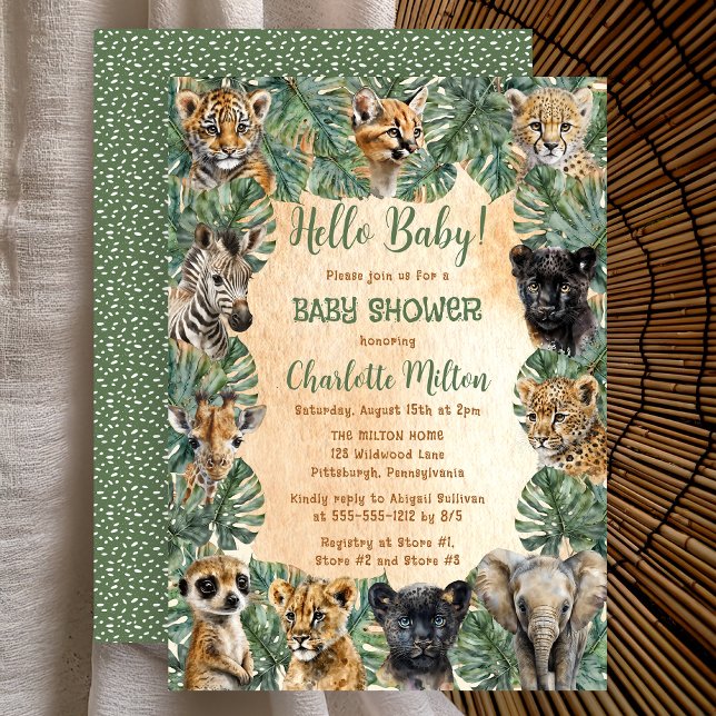 Safari Djungel Vilda Djur Hej Baby Shower Inbjudningar (Safari Jungle Wild Animals Hello Baby Shower Invitation -- Print | Digital Download)