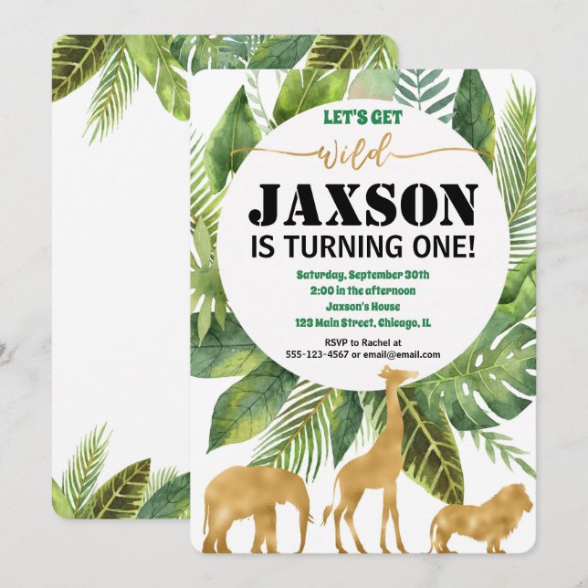 Safari-djungelns födelsedagsinbjudan till pojkens  inbjudningar (Fram/baksida)