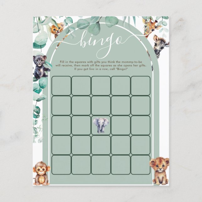Safari Djur Baby Shower Bingo Spel (Framsida)