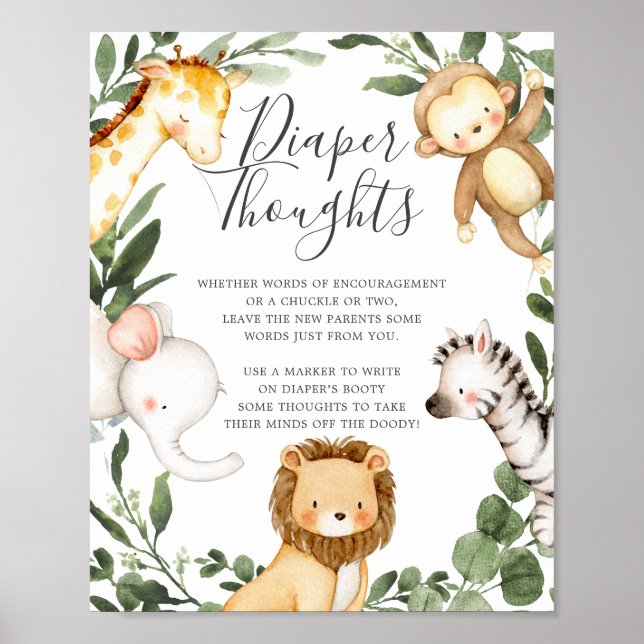Safari Djur Baby Shower Blöja Tanke Skylt (Framsidan)