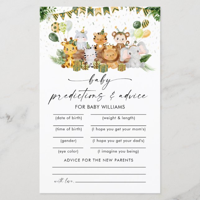 Safari Djur Baby Shower Förutsägelsekort (Framsida)