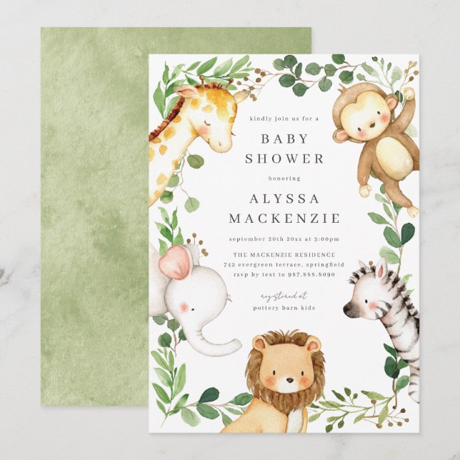Safari Djur Baby Shower Inbjudan (Fram/baksida)