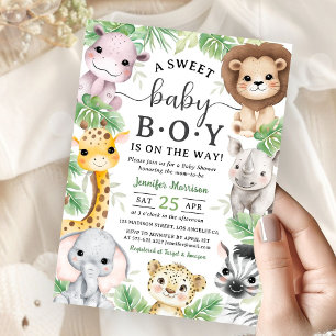 Safari Djur Baby Shower Pojke Tropisk Djungel Inbjudningar