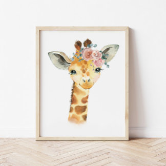 Safari Djur Barnkammar Konst, Akvarell Giraff Barn Poster