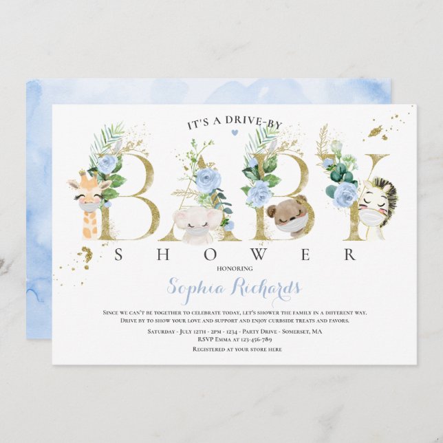 Safari Djur Drive By Baby Shower Grönska Blå Inbjudningar (Fram/baksida)