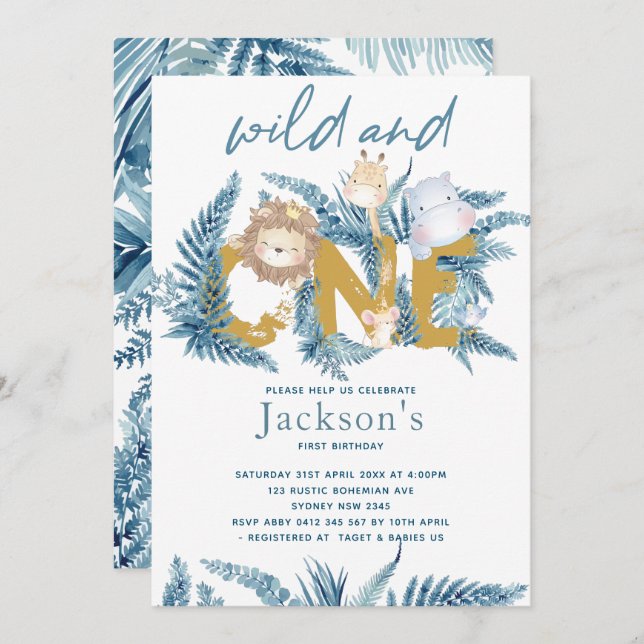 Safari Djur Exotisk Första Födelsedag Inbjudningar (Fram/baksida)