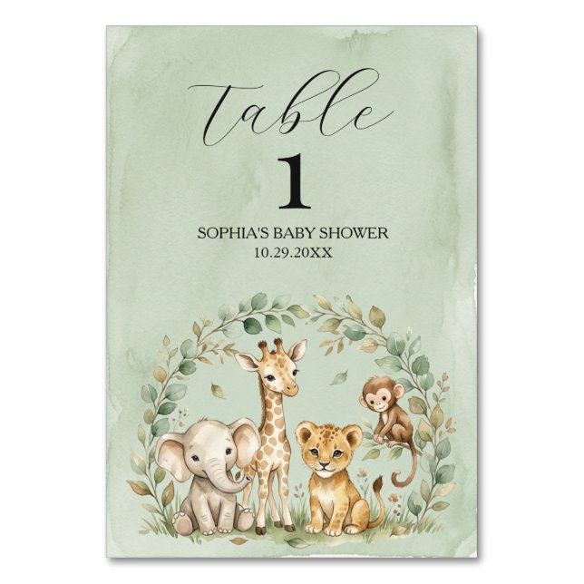 Safari Djur för Baby Shower Bord    Bordsnummer (Framsidan)