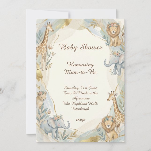 Safari Djur Guld Baby Shower Inbjudan (Framsida)