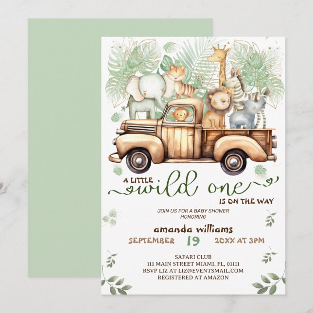 Safari-djur i bilen baby shower  inbjudningar (Fram/baksida)