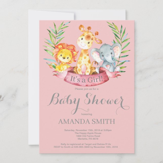 Safari Djur i djungeln Flicka Baby Shower Inbjudan (Framsida)