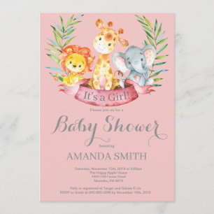 Safari Djur i djungeln Flicka Baby Shower Inbjudan