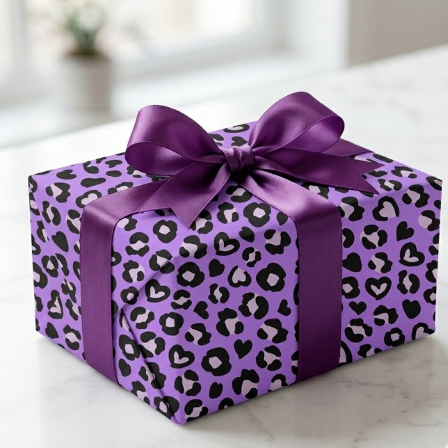 Safari Djur Leopard Lila Hjärttryck Mönster Presentpapper (purple leopard heart print pattern 1)