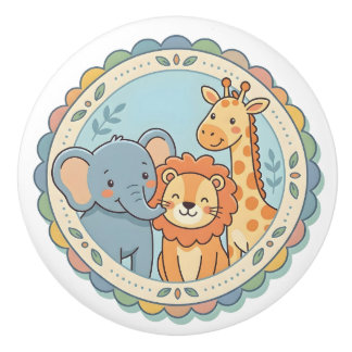 Safari Djur Pastell Elefant Lejon Giraff Knopp