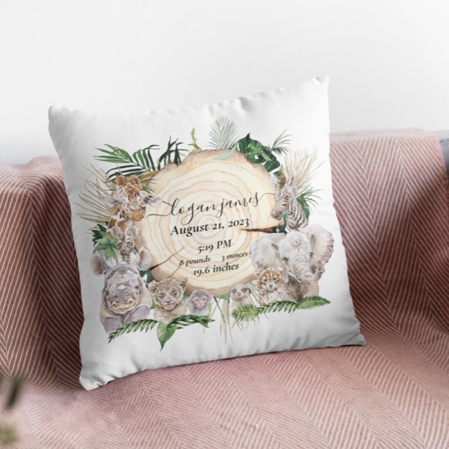 Safari Djur Ungar Djungel Baby Födelse Statistik Kudde (Skapare uppladdad)