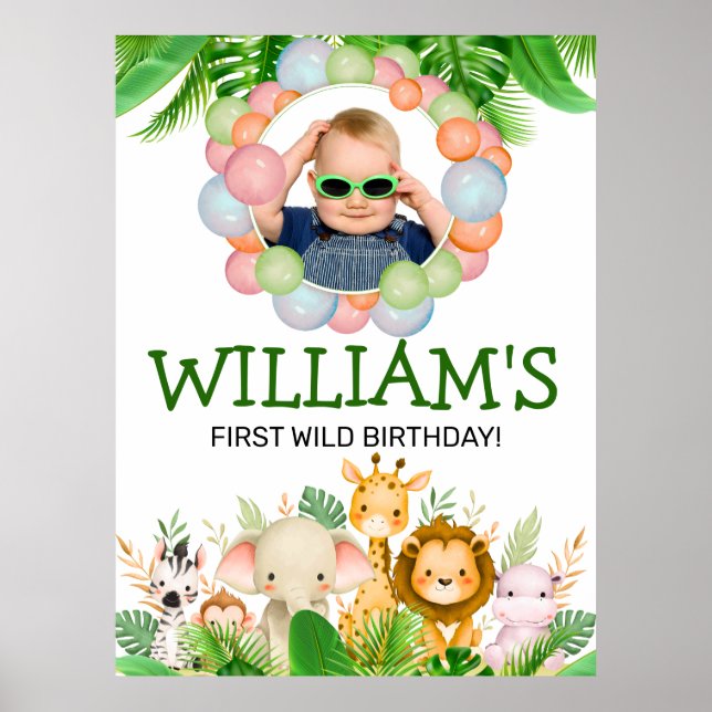 Safari DJUR Vilda Ettårs Födelsedags FOTO  Poster (Framsidan)