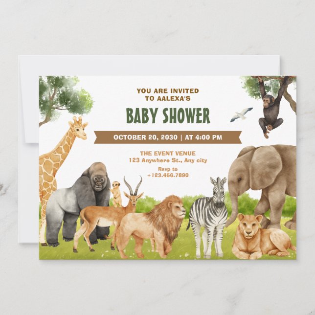 Safari-djurens babydusch inbjudningar (Framsida)
