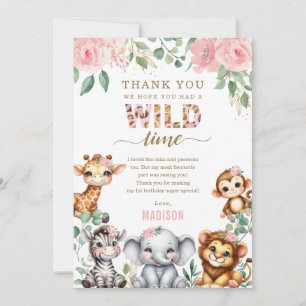 Safari Djurs Vild En Blommigt Första födelsedagen Tack Kort