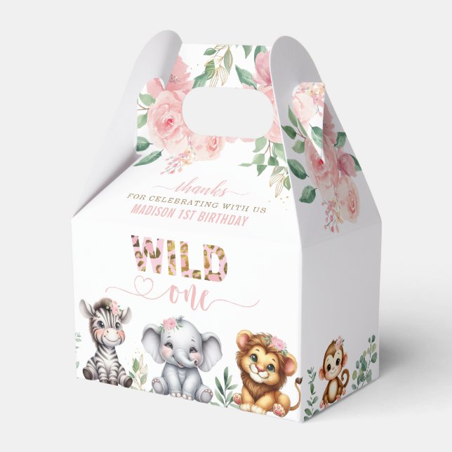 Safari Djurs Vild En Rosa Blommigt Första födelsed Presentaskar (Framsidan Sidan)
