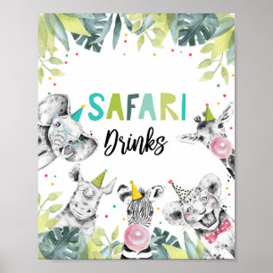 Safari Drinks Party Animals Boy Födelsedagsskylt Poster