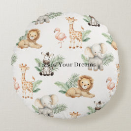 Safari Elefant Giraff Zebra Flamingo Lejon Rund Kudde