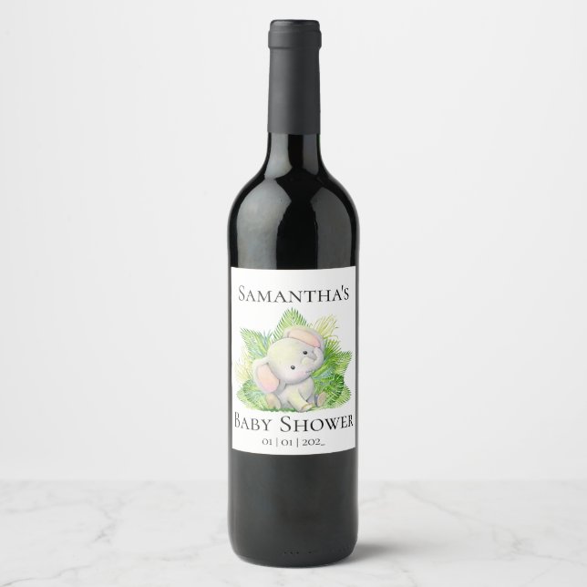 Safari Elephant Baby dusch Vin Label Vinflaska Etikett (Framsida)