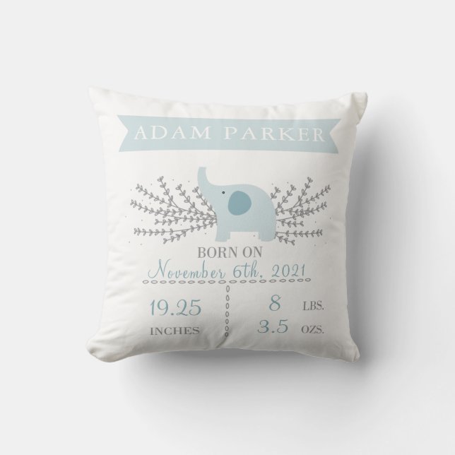 Safari Elephant Birth Announting Stats Pillow Kudde (Framsida)