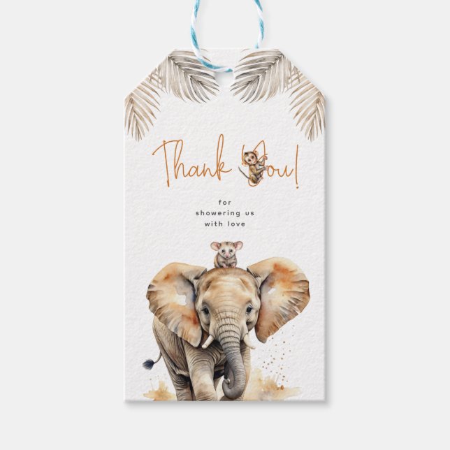 Safari Elephant Cute Animals Baby Shower Tack Presentetikett (Framsidan)