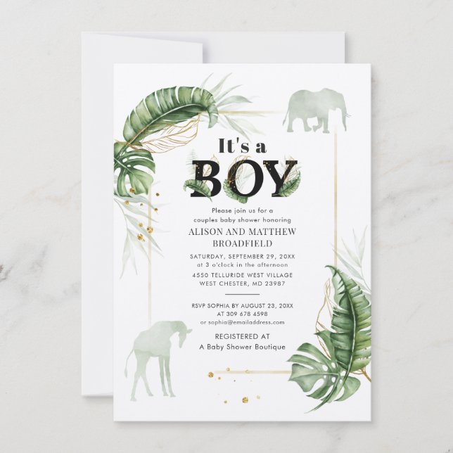 Safari Elephant Giraffe Botanical Boy Shower Inbjudningar (Framsida)