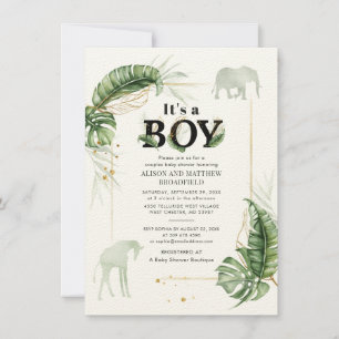 Safari Elephant Giraffe Botanical Boy Shower Inbjudningar