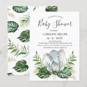 Safari Elephant Guld Grönt Foliage Baby Shower Inbjudningar