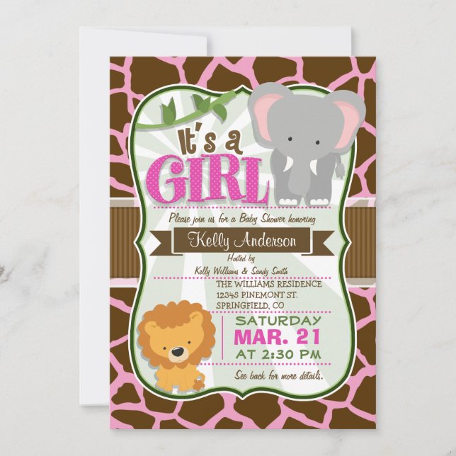 Safari Elephant, Lejon, Giraffe Print Baby Shower Inbjudningar (Framsida)