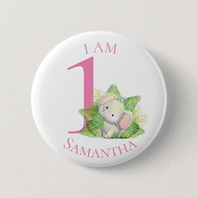 Safari Elephant rosa BIRTHDAY Button Knapp (Framsida)