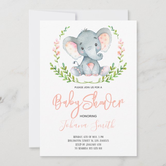 Safari Elephant Watercolor Girl Baby Shower Inbjudningar (Framsida)