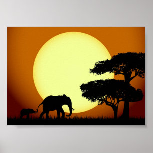 Safari elephants vid sunset poster