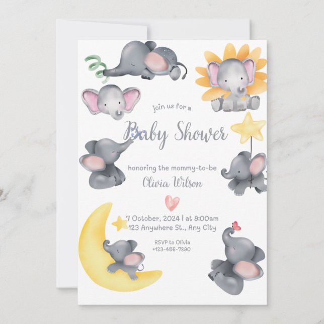 Safari Elephants Watercolor Baby Shower Inbjudningar (Framsida)