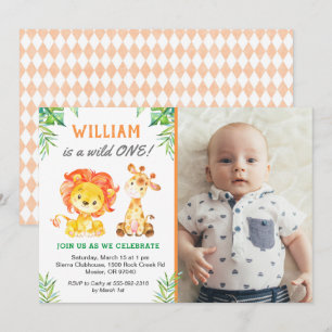 Safari First Birthday Boy Vild One Jungle Party Inbjudningar